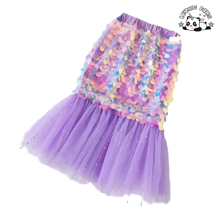 LEZONKIDS - 2024 New Fahion Custom Cute Little Mermaids Sparkle Sequined Girls Skirts for 2-14 Years Old